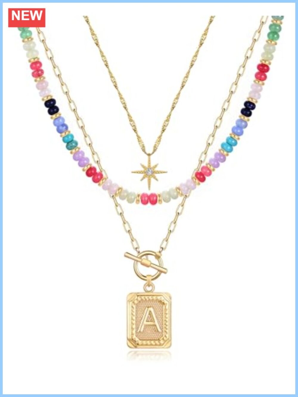 14K Gold Plated Layering Necklaces Set for Women, 3 Piece Initial Star Beaded